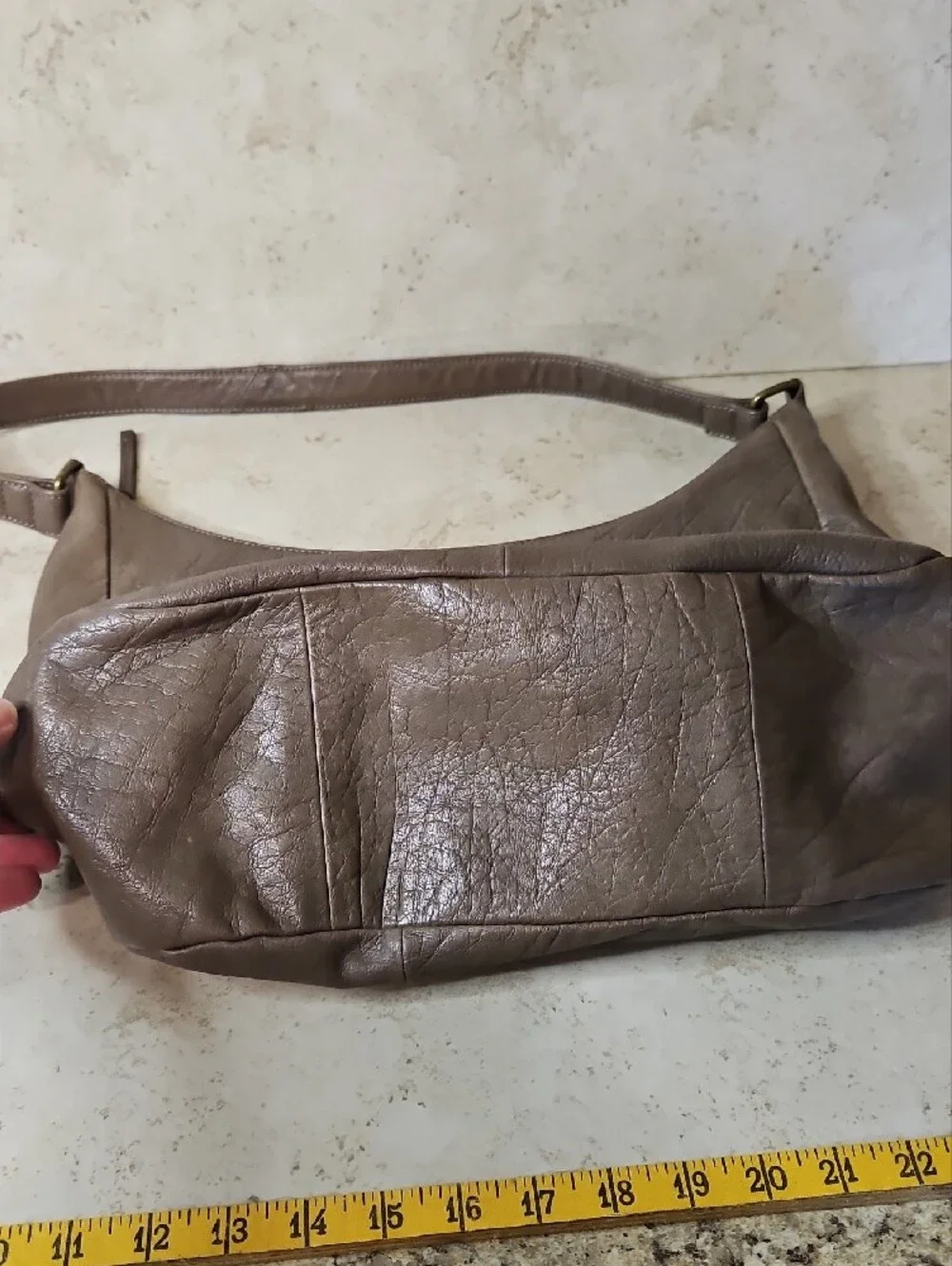 Women's Taupe Shoulder Bag with Woven Trim and Front Zip